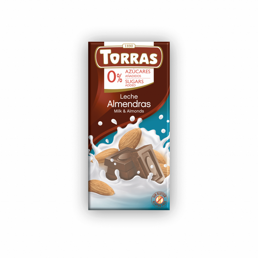 Torras piena šokolāde ar mandelēm, bez pievienota cukura, 75 g
